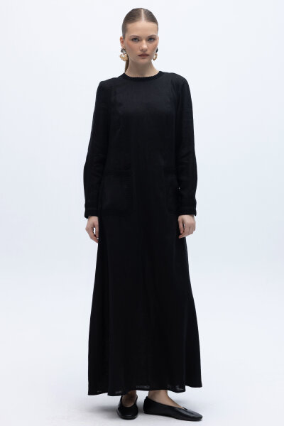 Uzun Kollu Cepli Keten Elbise Siyah - 5