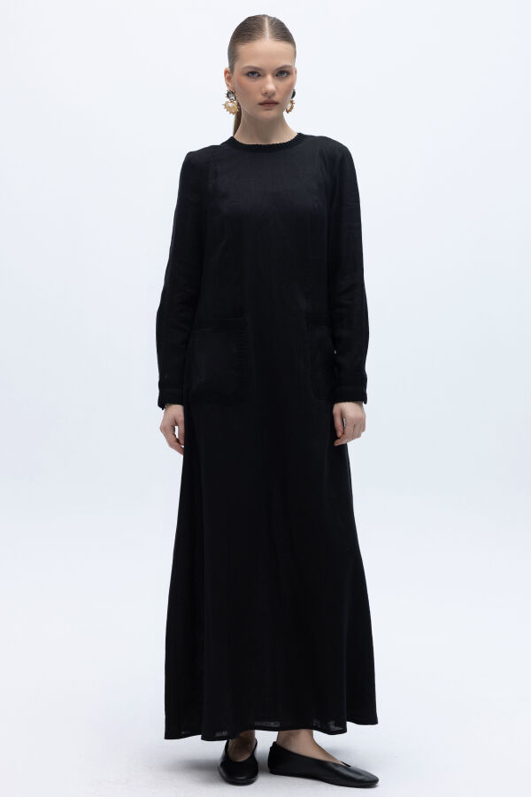 Uzun Kollu Cepli Keten Elbise Siyah - 5