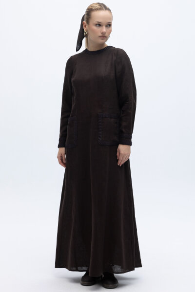 Uzun Kollu Cepli Keten Elbise Kahverengi - 1