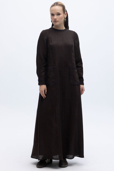 Uzun Kollu Cepli Keten Elbise Kahverengi - 2