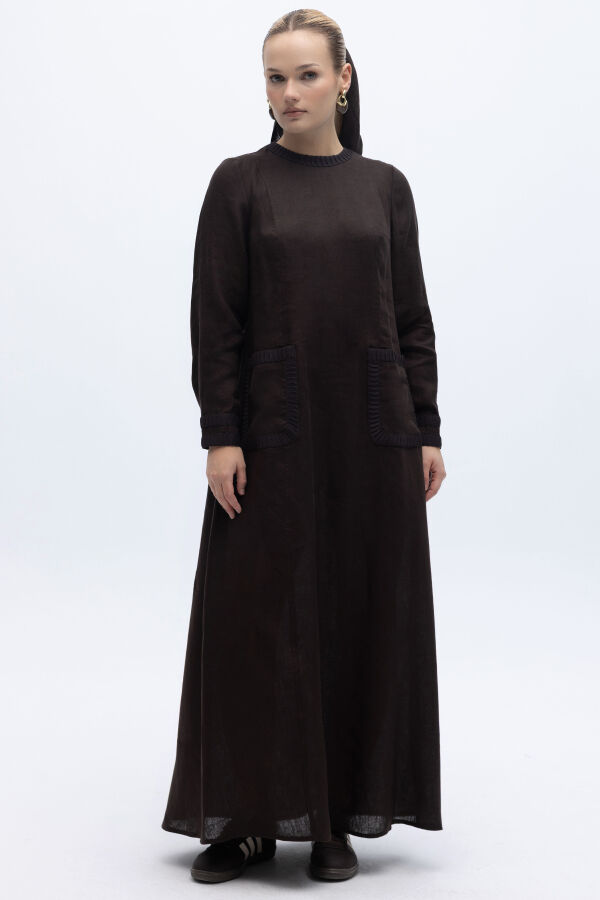 Uzun Kollu Cepli Keten Elbise Kahverengi - 2