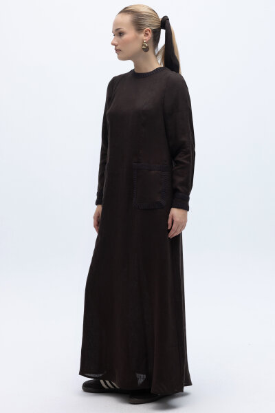 Uzun Kollu Cepli Keten Elbise Kahverengi - 3