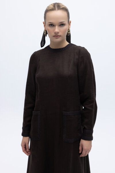 Uzun Kollu Cepli Keten Elbise Kahverengi - 4