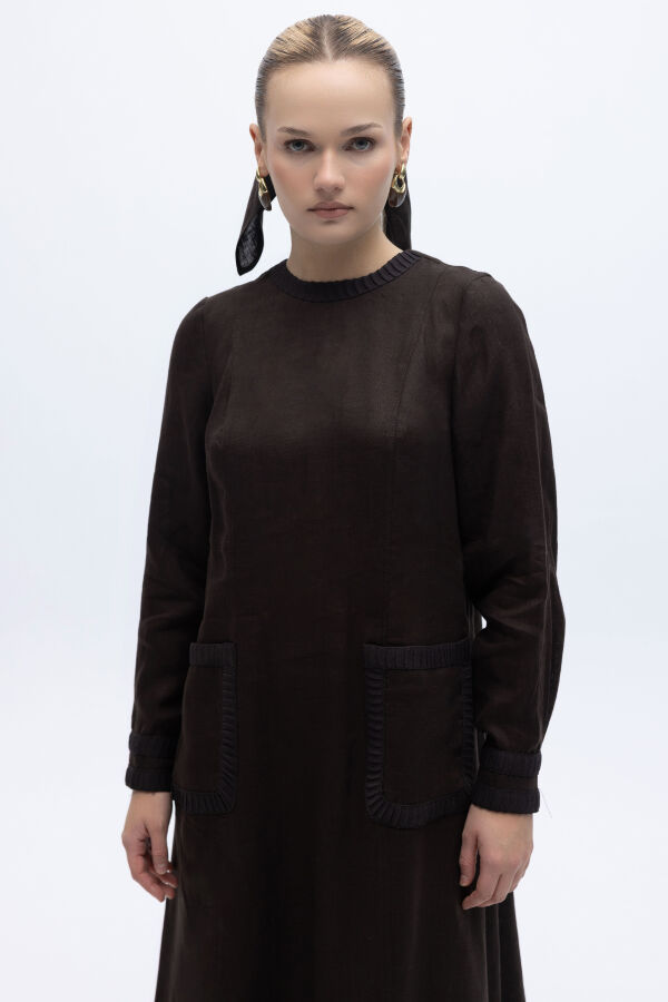 Uzun Kollu Cepli Keten Elbise Kahverengi - 4