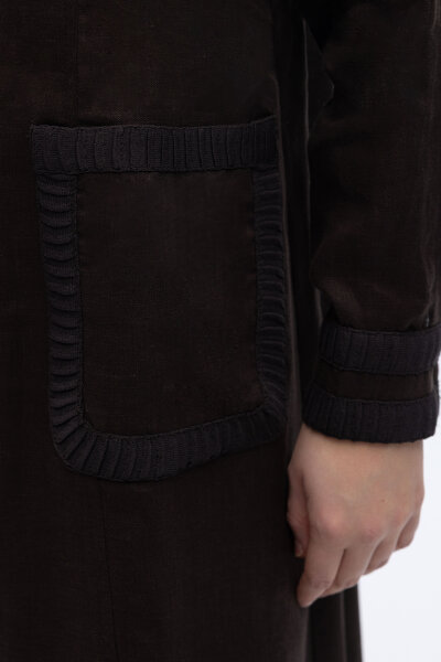 Uzun Kollu Cepli Keten Elbise Kahverengi - 5