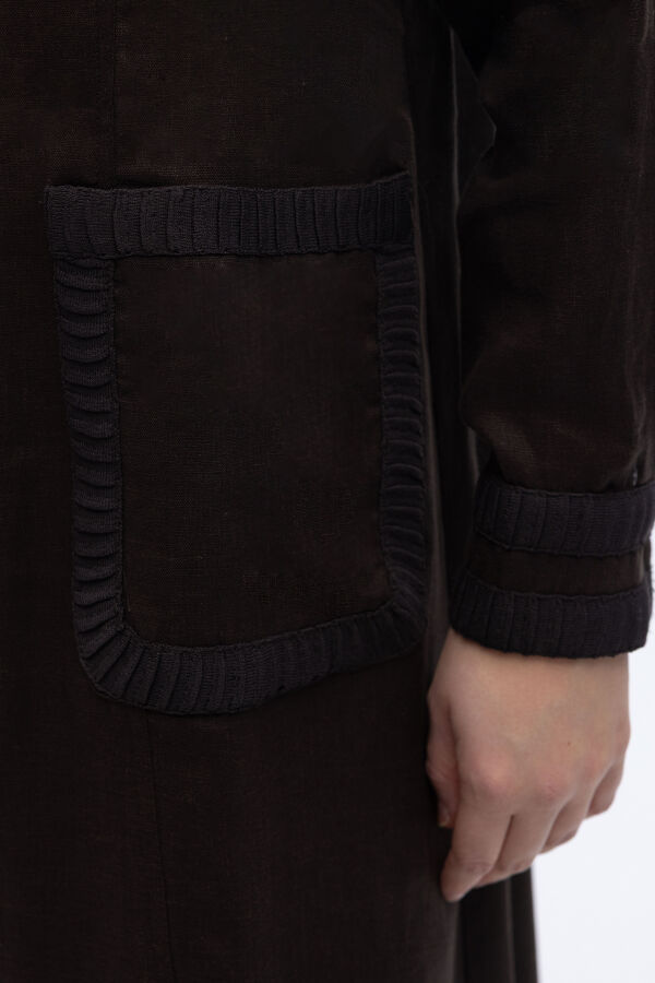 Uzun Kollu Cepli Keten Elbise Kahverengi - 5