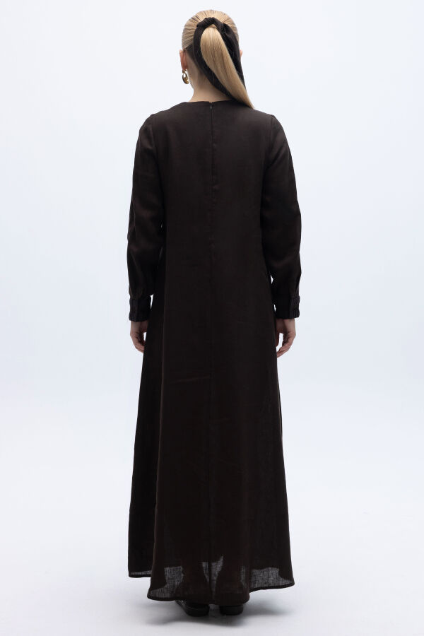 Uzun Kollu Cepli Keten Elbise Kahverengi - 6