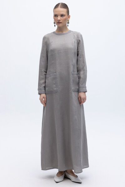 Uzun Kollu Cepli Keten Elbise Gri 
