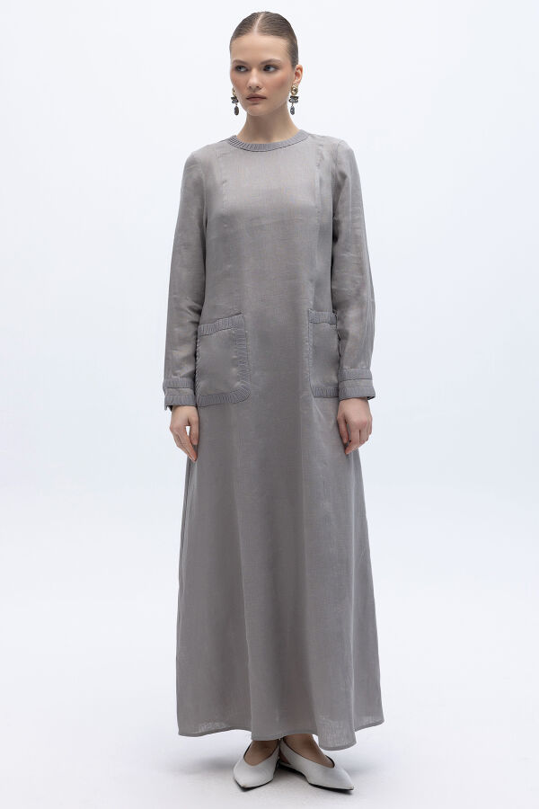 Uzun Kollu Cepli Keten Elbise Gri - 1