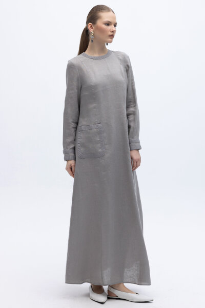 Uzun Kollu Cepli Keten Elbise Gri - MISS DALIDA (1)
