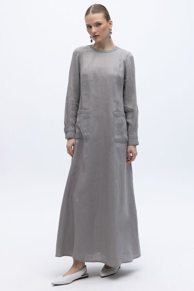 Uzun Kollu Cepli Keten Elbise Gri - 3