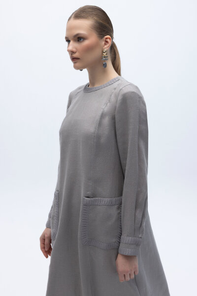 Uzun Kollu Cepli Keten Elbise Gri - 4