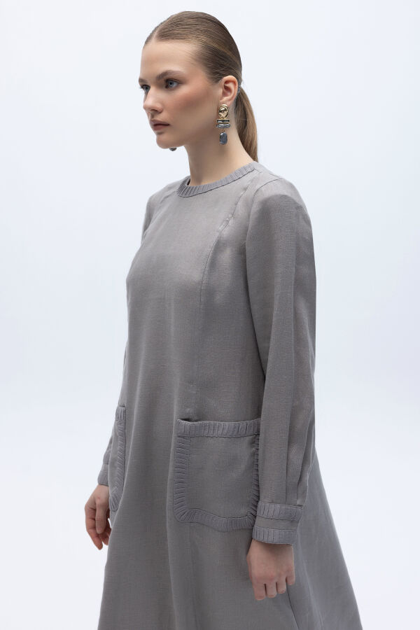 Uzun Kollu Cepli Keten Elbise Gri - 4