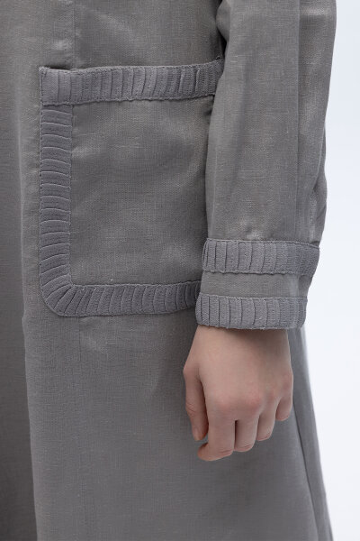 Uzun Kollu Cepli Keten Elbise Gri - 5