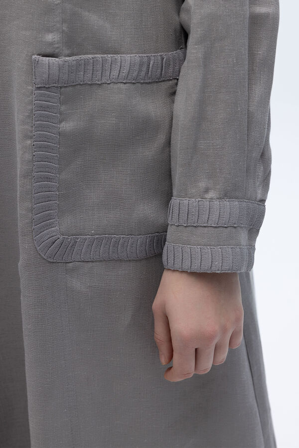 Uzun Kollu Cepli Keten Elbise Gri - 5