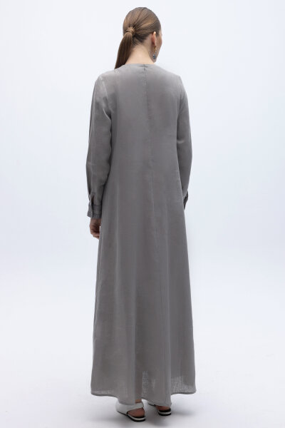 Uzun Kollu Cepli Keten Elbise Gri - 6