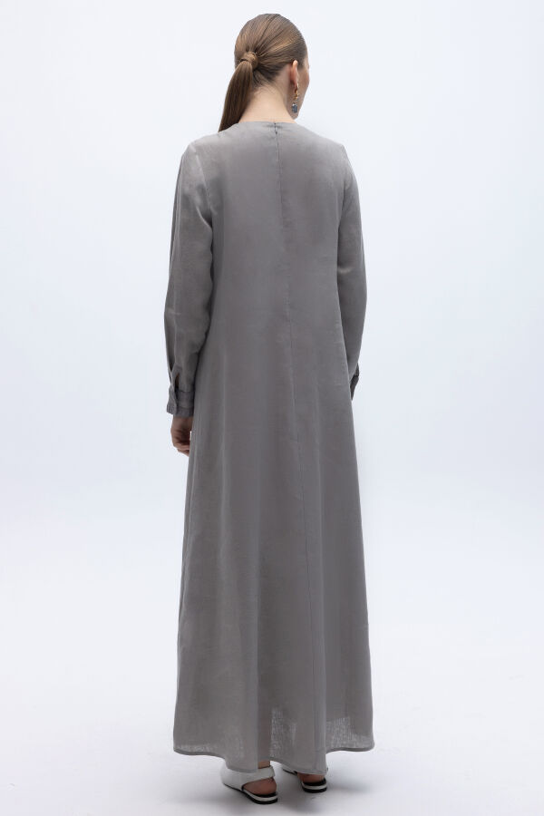 Uzun Kollu Cepli Keten Elbise Gri - 6