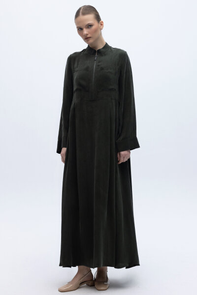 Uzun Kollu Cepli Keten Elbise Haki - 1