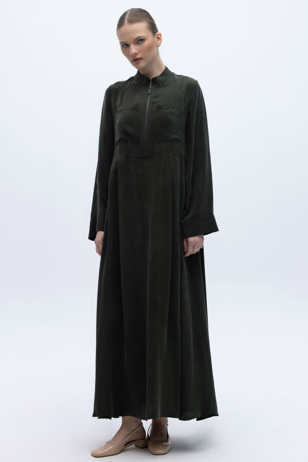 Uzun Kollu Cepli Keten Elbise Haki - 1