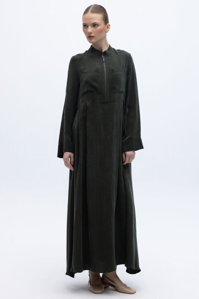 Uzun Kollu Cepli Keten Elbise Haki - 2