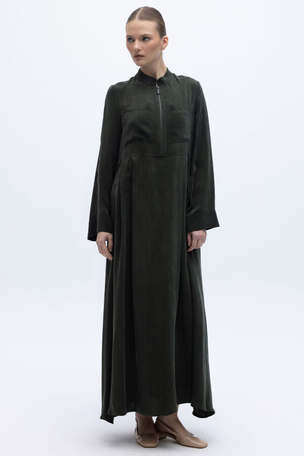 Uzun Kollu Cepli Keten Elbise Haki - 2