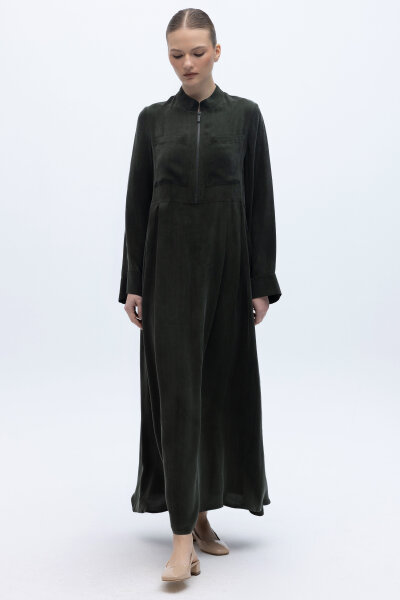 Uzun Kollu Cepli Keten Elbise Haki - 4