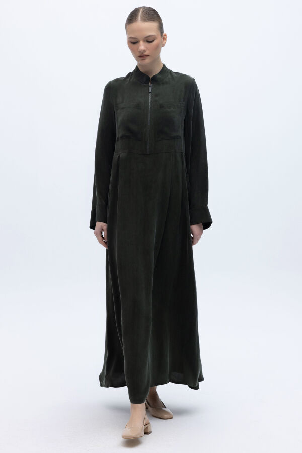 Uzun Kollu Cepli Keten Elbise Haki - 4