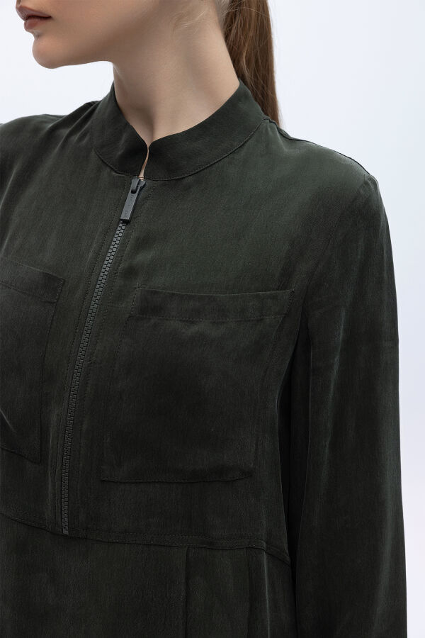 Uzun Kollu Cepli Keten Elbise Haki - 5