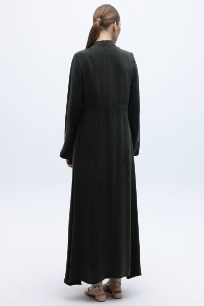 Uzun Kollu Cepli Keten Elbise Haki - 6