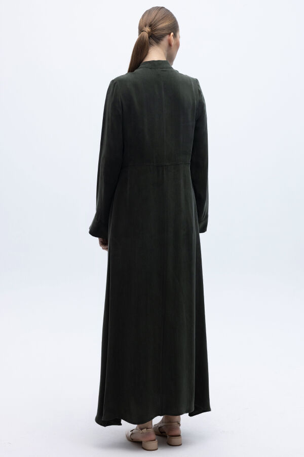 Uzun Kollu Cepli Keten Elbise Haki - 6