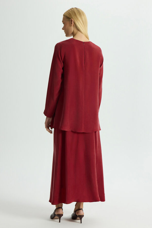 Uzun Kollu Cupro Tunik Cherry - 4