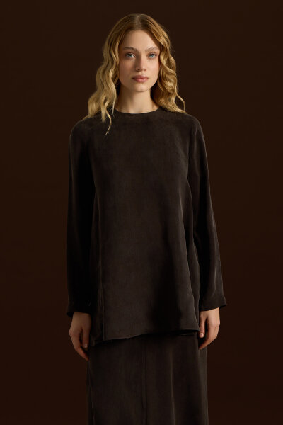 Uzun Kollu Cupro Tunik Kahverengi - MISS DALIDA