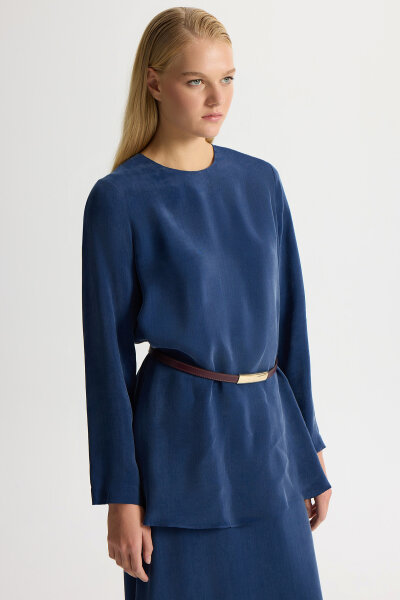 Uzun Kollu Cupro Tunik Navy - MISS DALIDA
