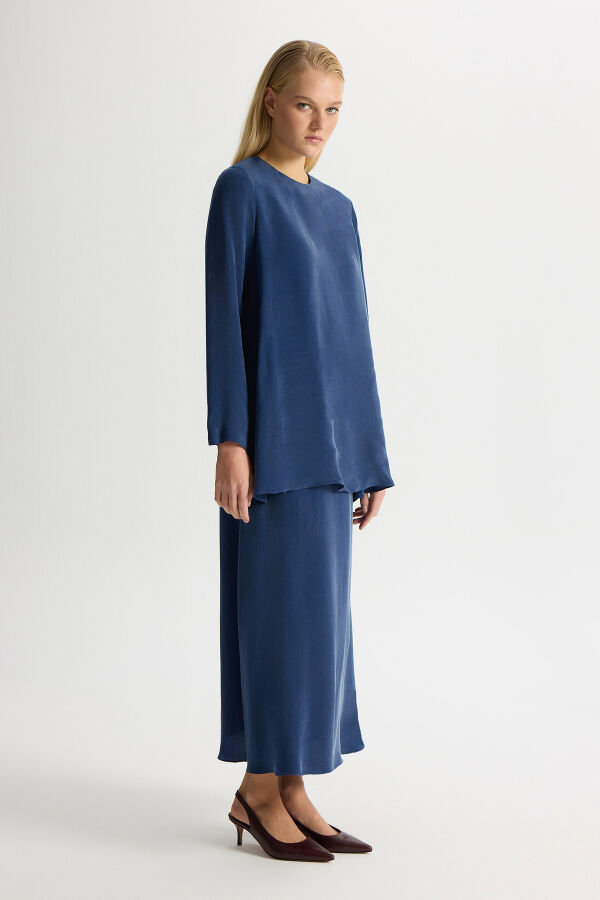 Uzun Kollu Cupro Tunik Navy - 4