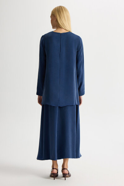 Uzun Kollu Cupro Tunik Navy - 5