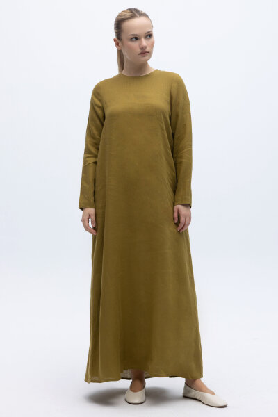 Uzun Kollu Düz Renk Keten Elbise Amber 