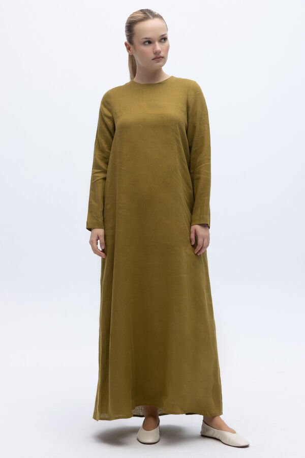 Uzun Kollu Düz Renk Keten Elbise Amber - 1