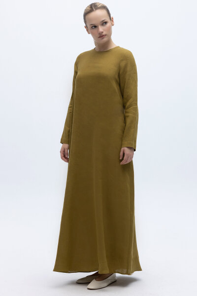 Uzun Kollu Düz Renk Keten Elbise Amber - 2