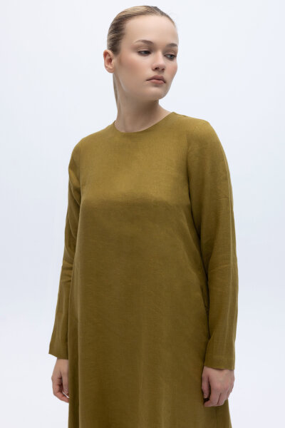 Uzun Kollu Düz Renk Keten Elbise Amber - 3