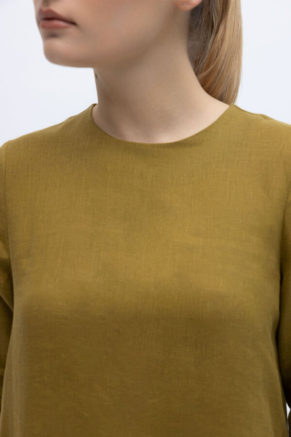 Uzun Kollu Düz Renk Keten Elbise Amber - 4