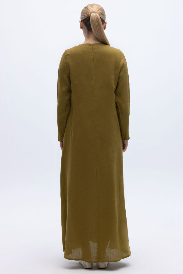 Uzun Kollu Düz Renk Keten Elbise Amber - 5