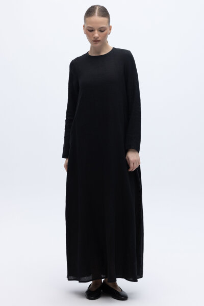 Uzun Kollu Düz Renk Keten Elbise Siyah 