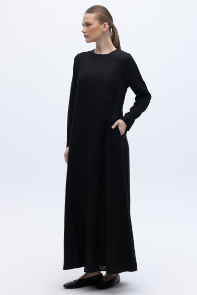 Uzun Kollu Düz Renk Keten Elbise Siyah - 2