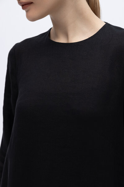 Uzun Kollu Düz Renk Keten Elbise Siyah - 3