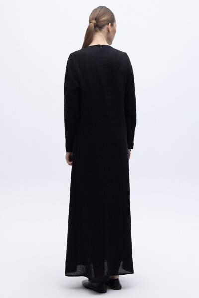 Uzun Kollu Düz Renk Keten Elbise Siyah - 4