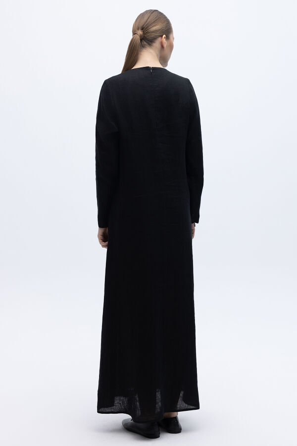 Uzun Kollu Düz Renk Keten Elbise Siyah - 4