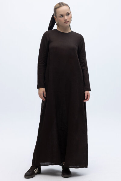 Uzun Kollu Düz Renk Keten Elbise Kahverengi 