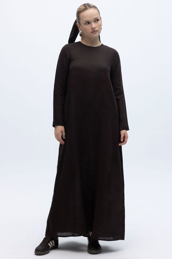 Uzun Kollu Düz Renk Keten Elbise Kahverengi - 1