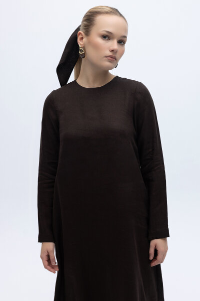 Uzun Kollu Düz Renk Keten Elbise Kahverengi - 2