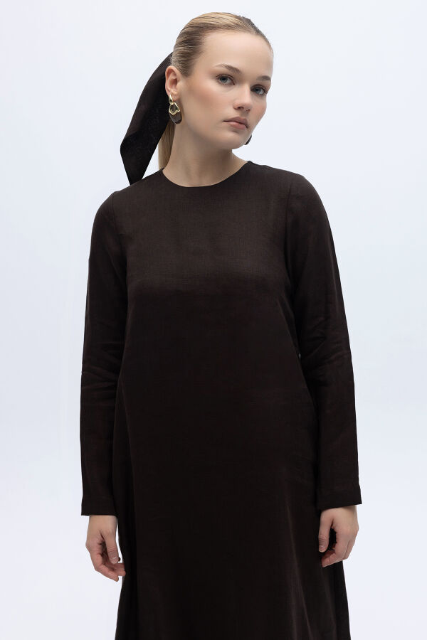 Uzun Kollu Düz Renk Keten Elbise Kahverengi - 2